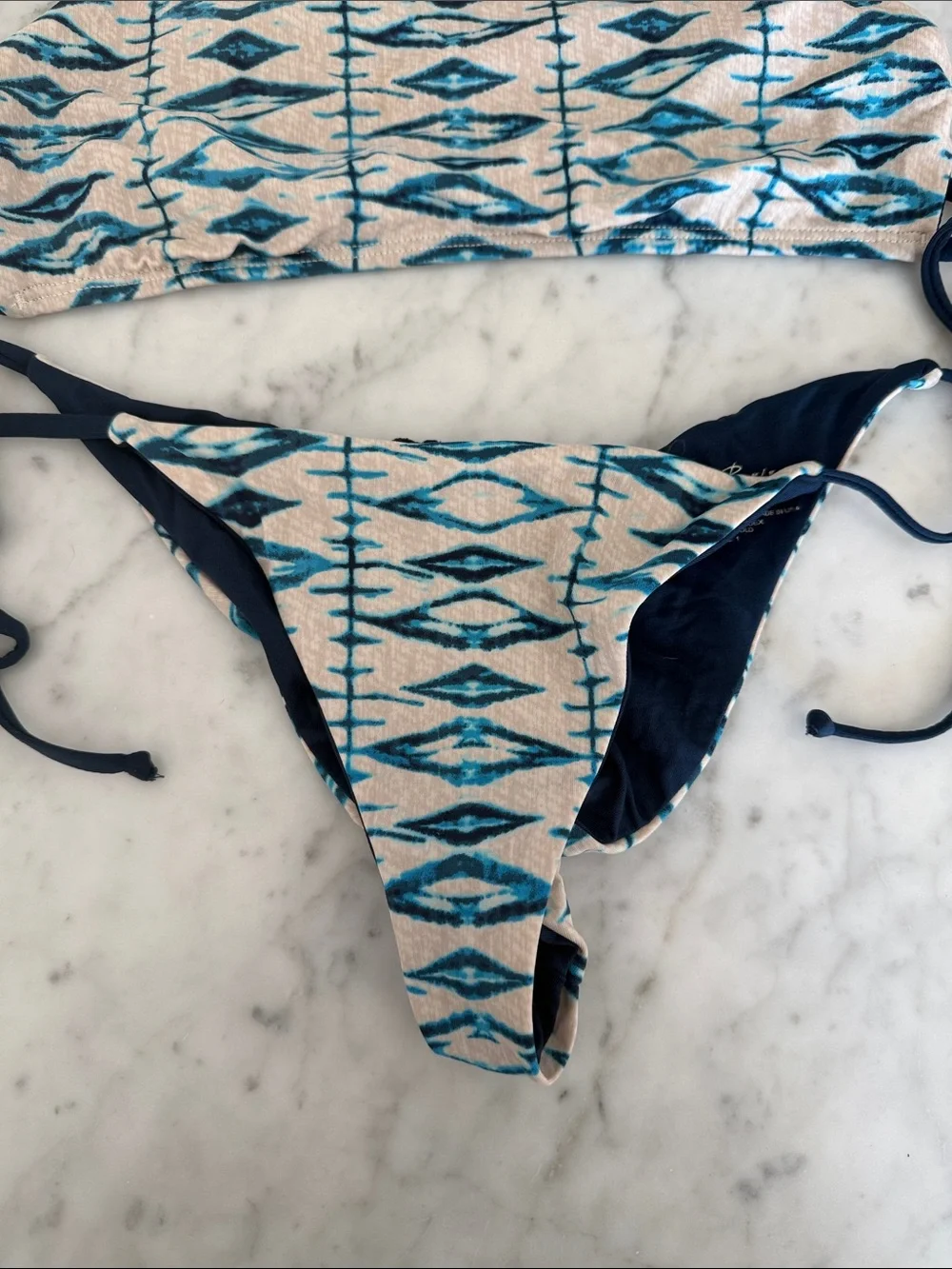 Frankie's Bikinis Navy and Cream Strappy Bikini - Small Top and Medium Bottom